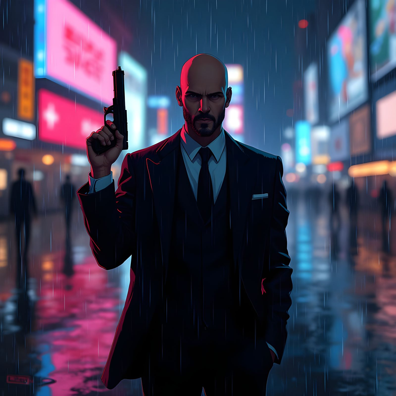 Mafia Hitman Silhouette in Rainy City at Night