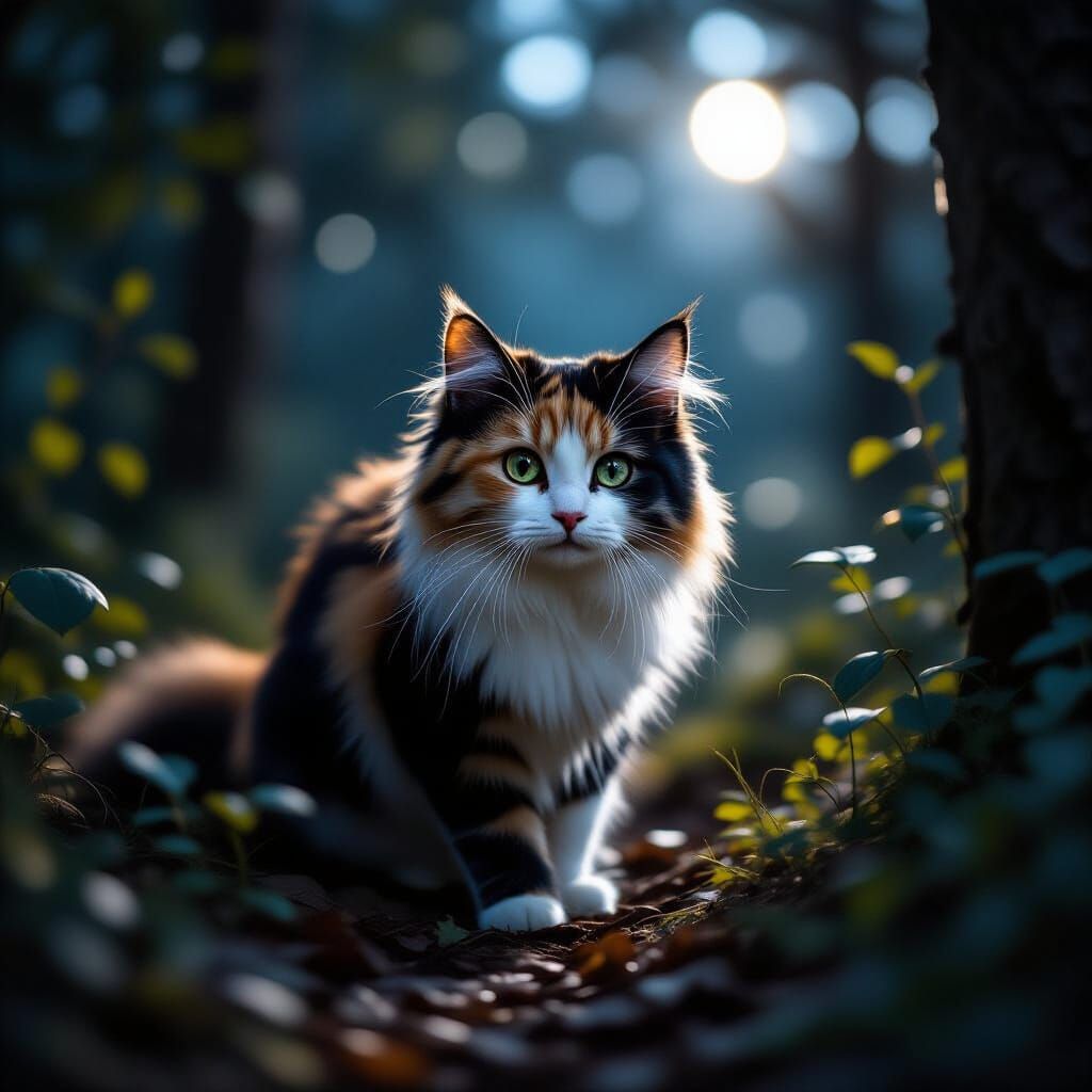 Fluffy Calico Cat in Moonlit Forest