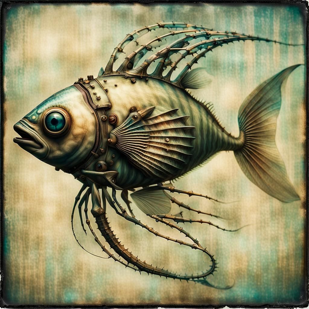 Steampunk Alien Fish in Faded Polaroid Photograph