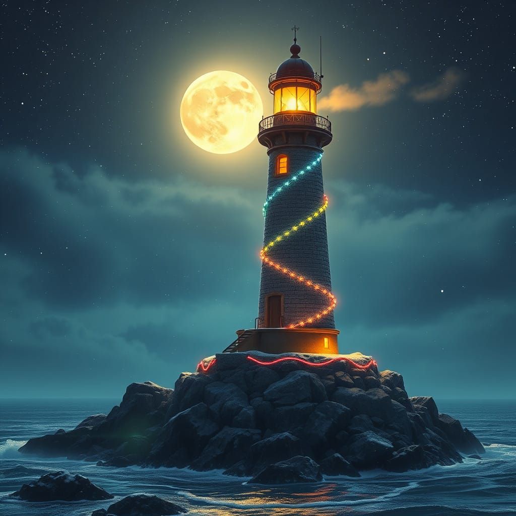 Majestic Christmas Lighthouse Aglow