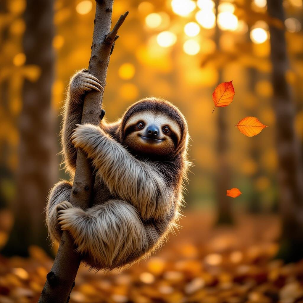 Realistic Sloth in Golden Autumn Forest Sunlight