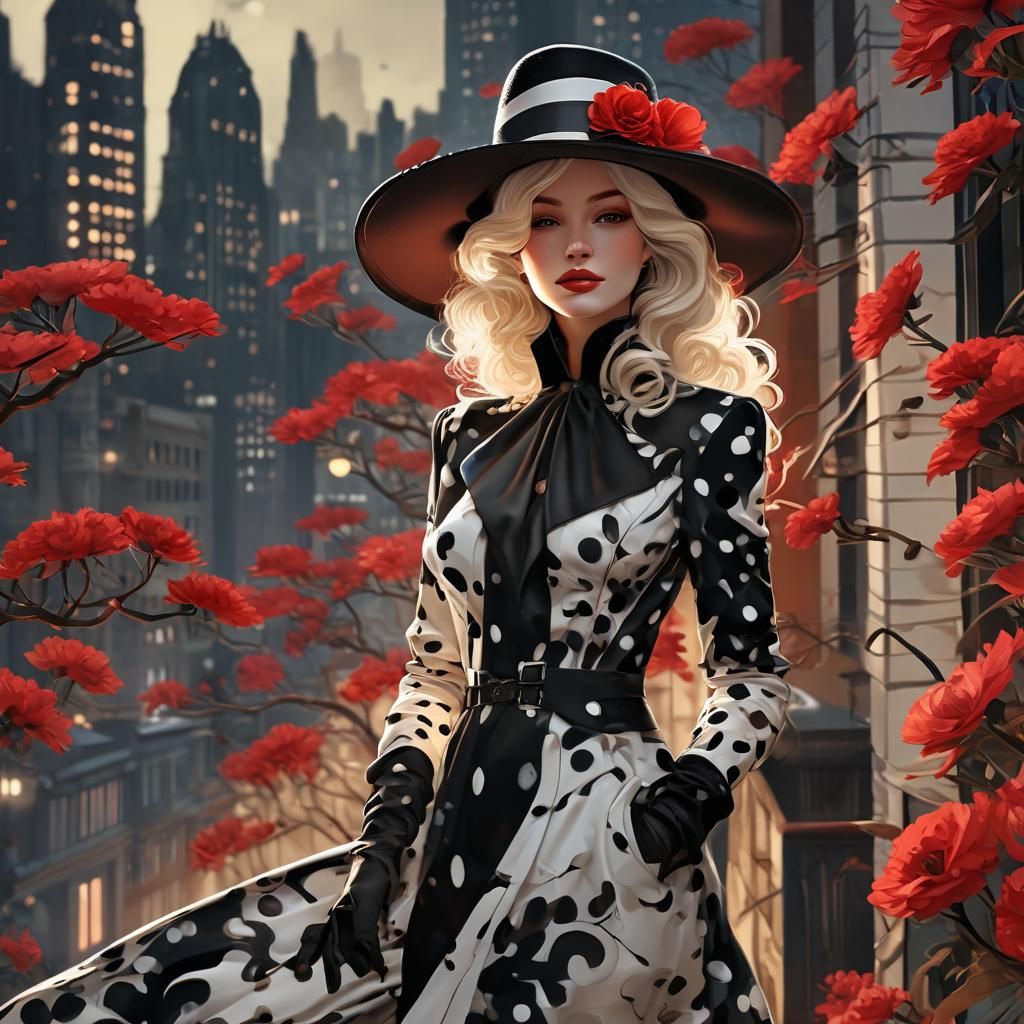 Woman in Floral Hat: Digital Art Nouveau Fashion Illustratio...