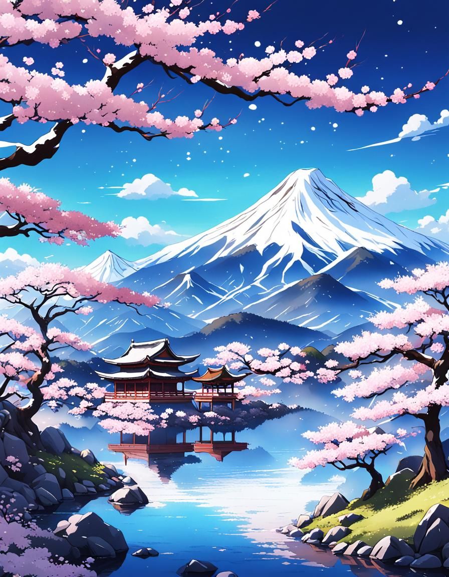 Japanese Landscape with Cherry Blossoms in Anime Style