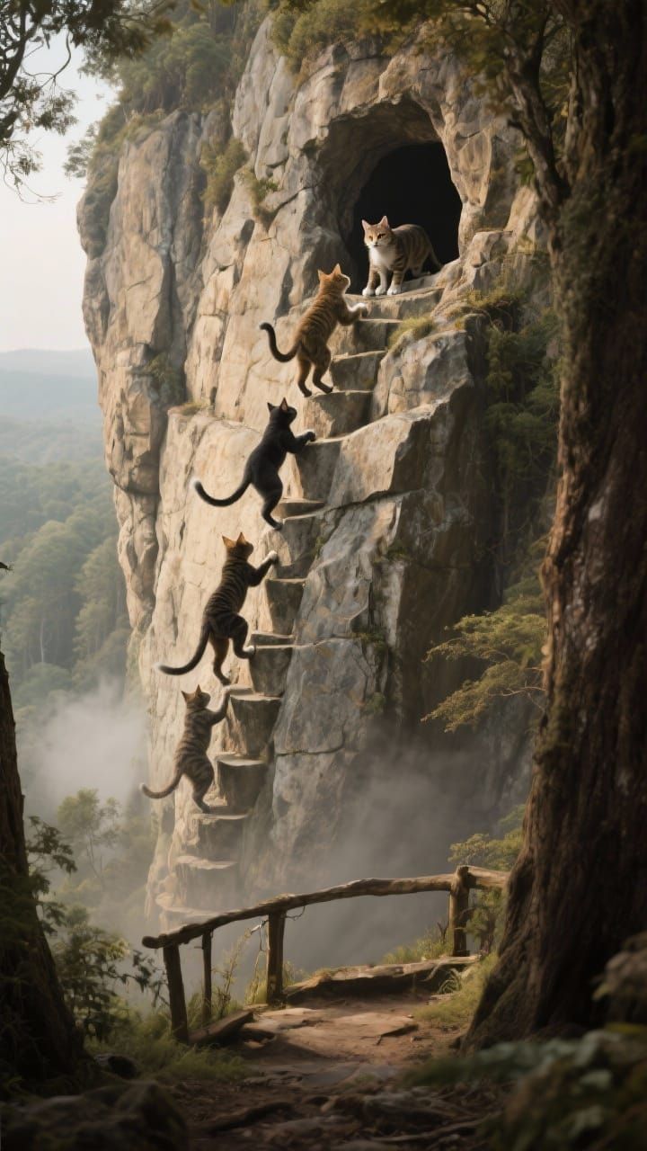 Feral Cats Ascend Rocky Cliff Face Near Cave Entrance