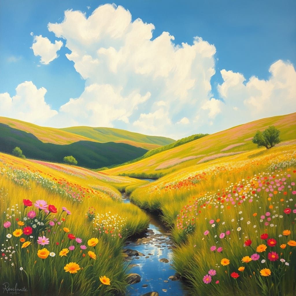 Impressionistic Spring Landscape with Rolling Hills