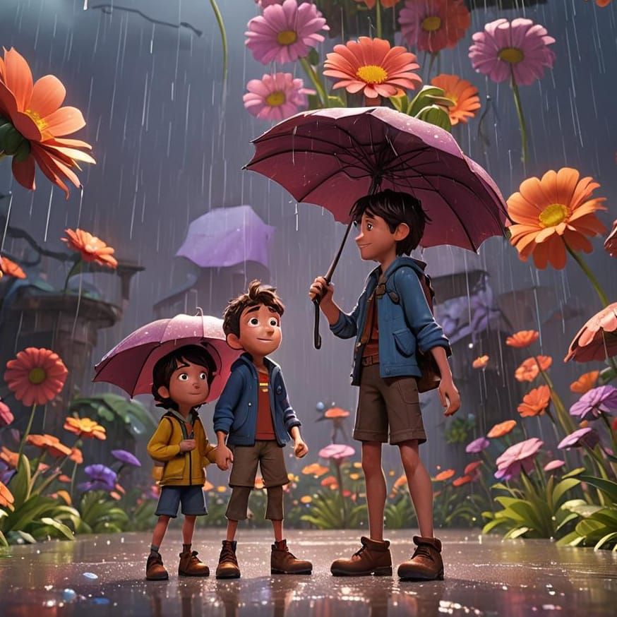 Giant Flower Shelters Children: 3D Digital Art