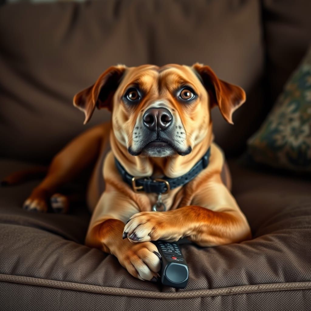 Dog Grasps Remote on Couch in Realistic Style