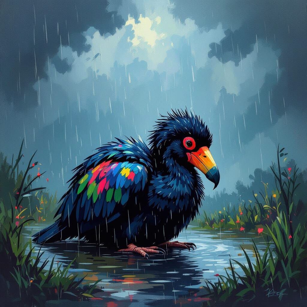 Dodo Bird Hunkers Down in Dramatic Impressionist Rainstorm