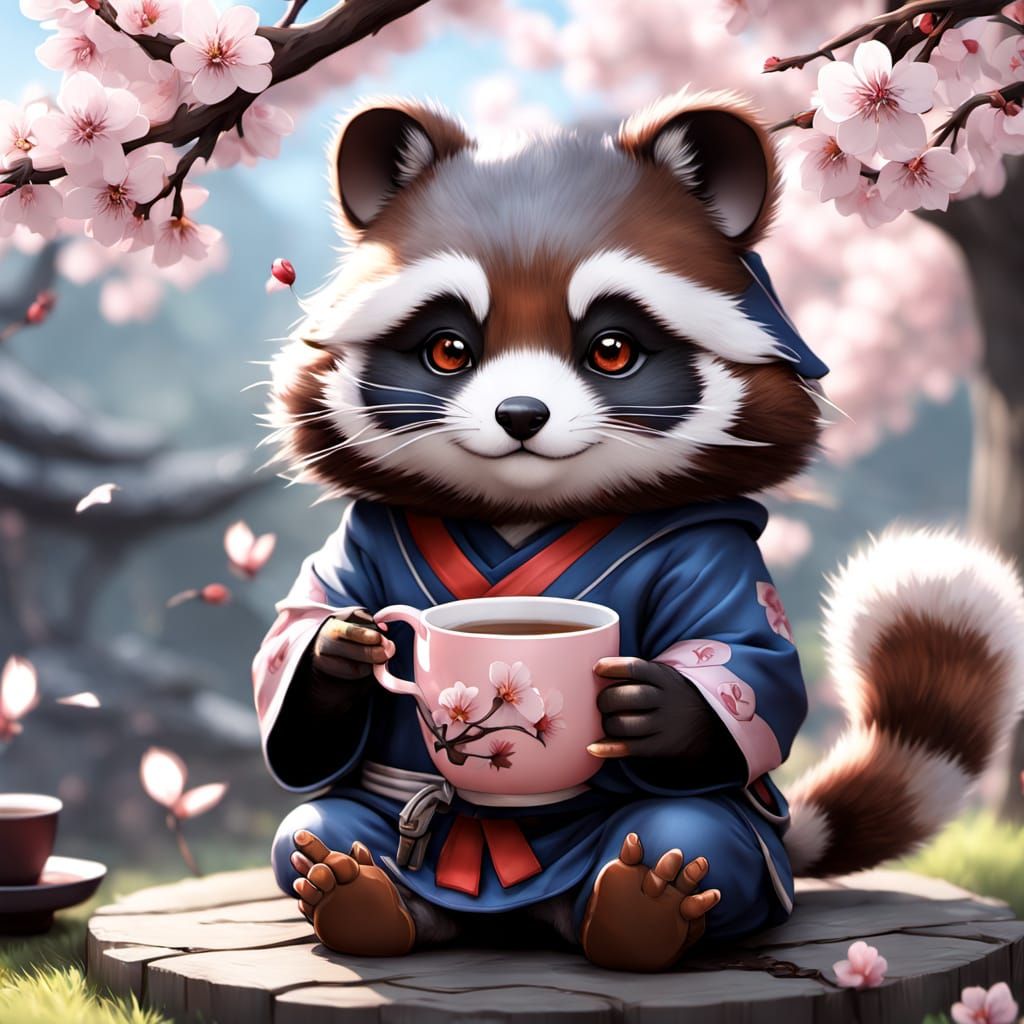 Tanuki Samurai Tea Time in Anime Style