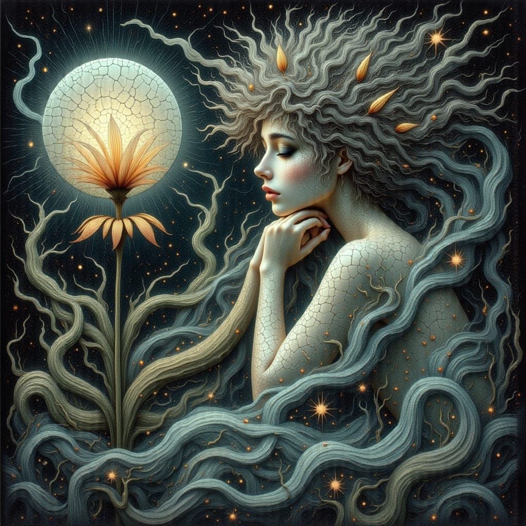 Ethereal Woman with Star Hair in Moonlight