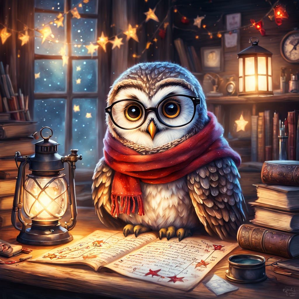 Owl Sorting Letters in Whimsical Watercolor Art