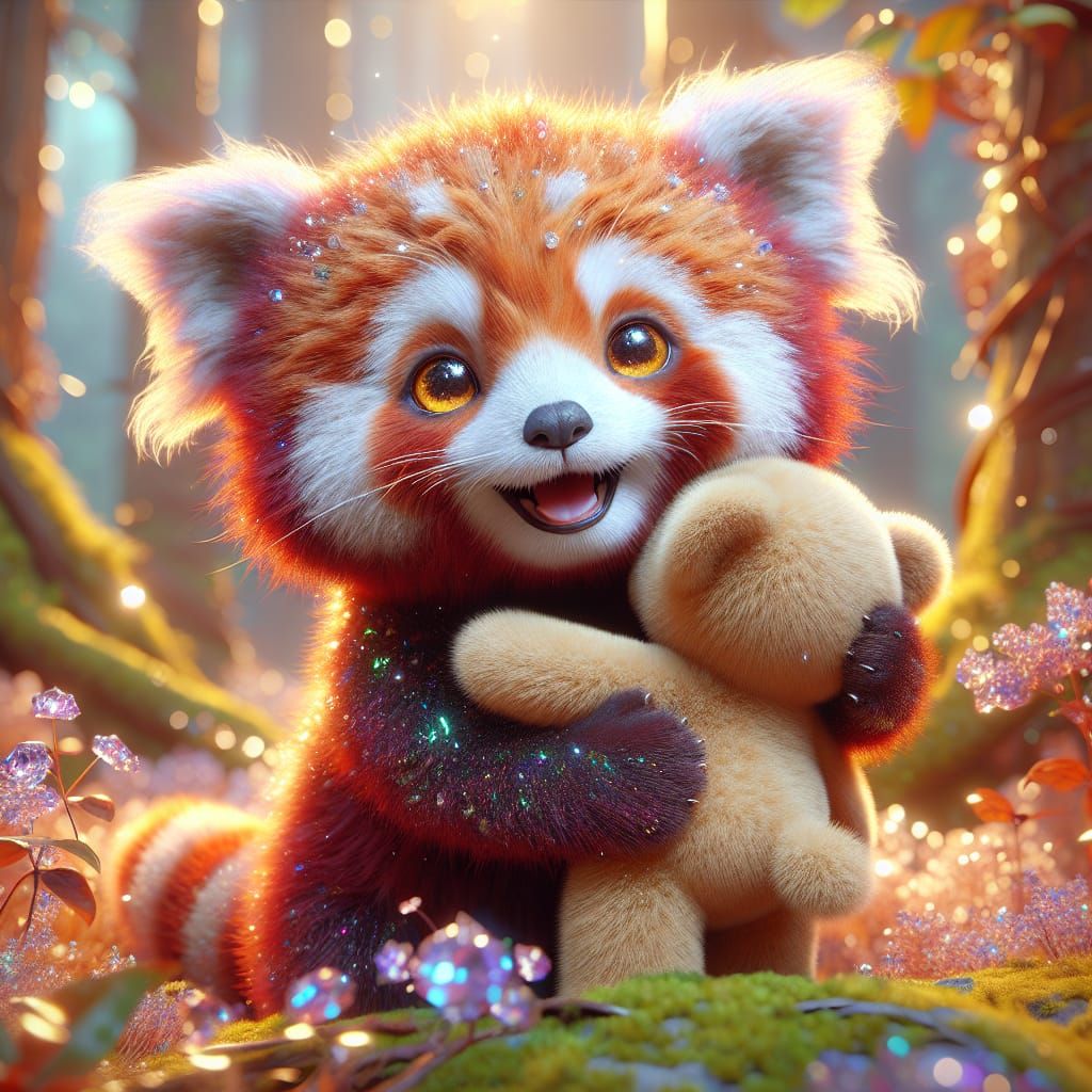 Joyful Red Panda and Teddy Bear in Magical Forest
