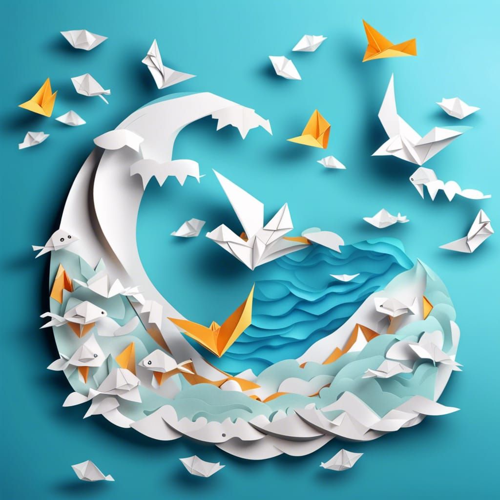 Origami Sea with Paper Boat and Jumping Fish