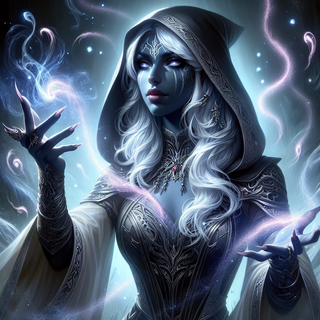 Drow Sorceress Casting Arms of Hadar Spell