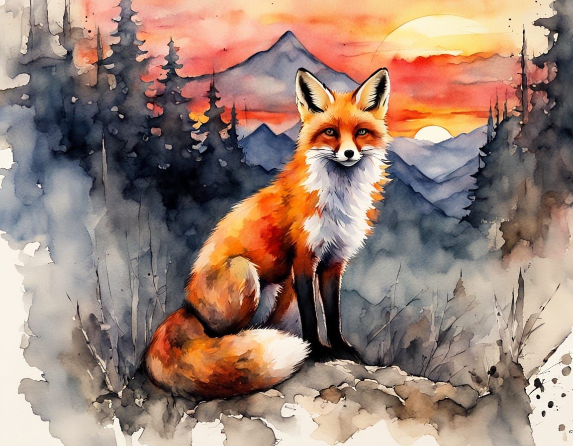 Whimsical Watercolor Fantasy of a Red Fox in a Vibrant Sunse...