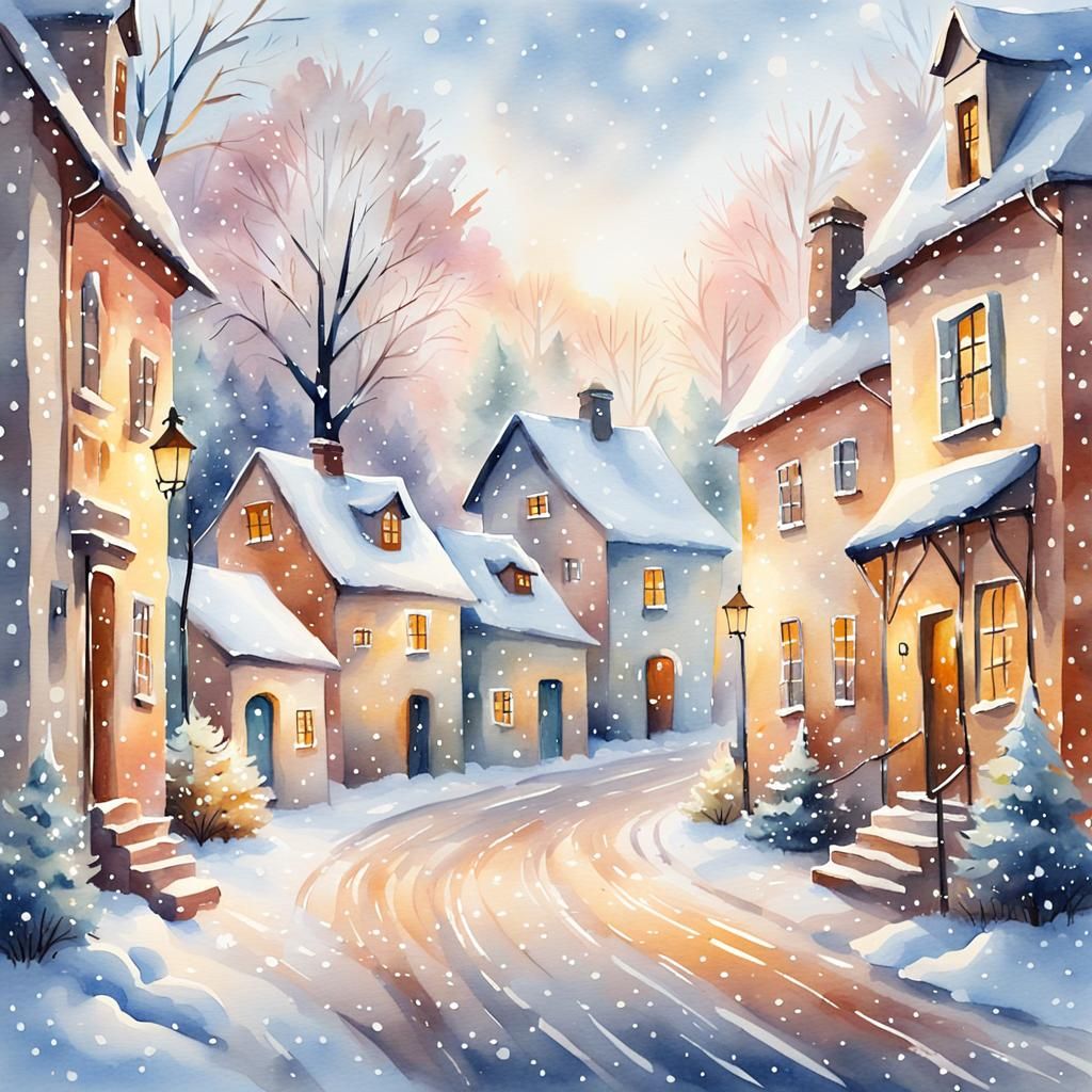 Watercolor Village Street in November Snow