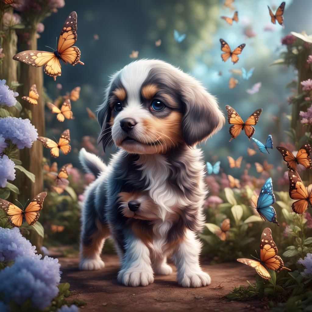 Puppy Surrounded by Butterflies in a Fantasy Garden