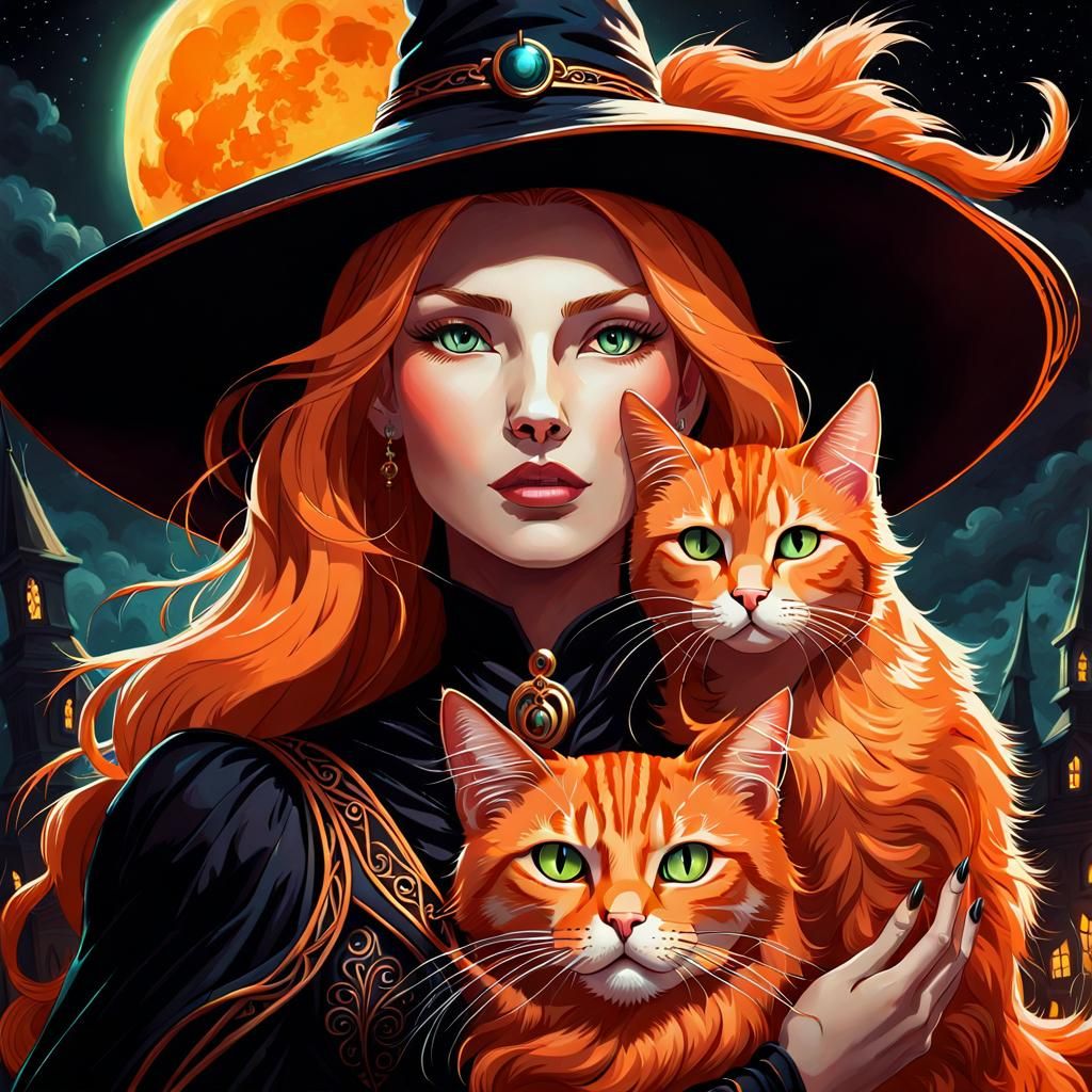Gorgeous Witch and Orange Cat in Aetherpunk Dreamscape