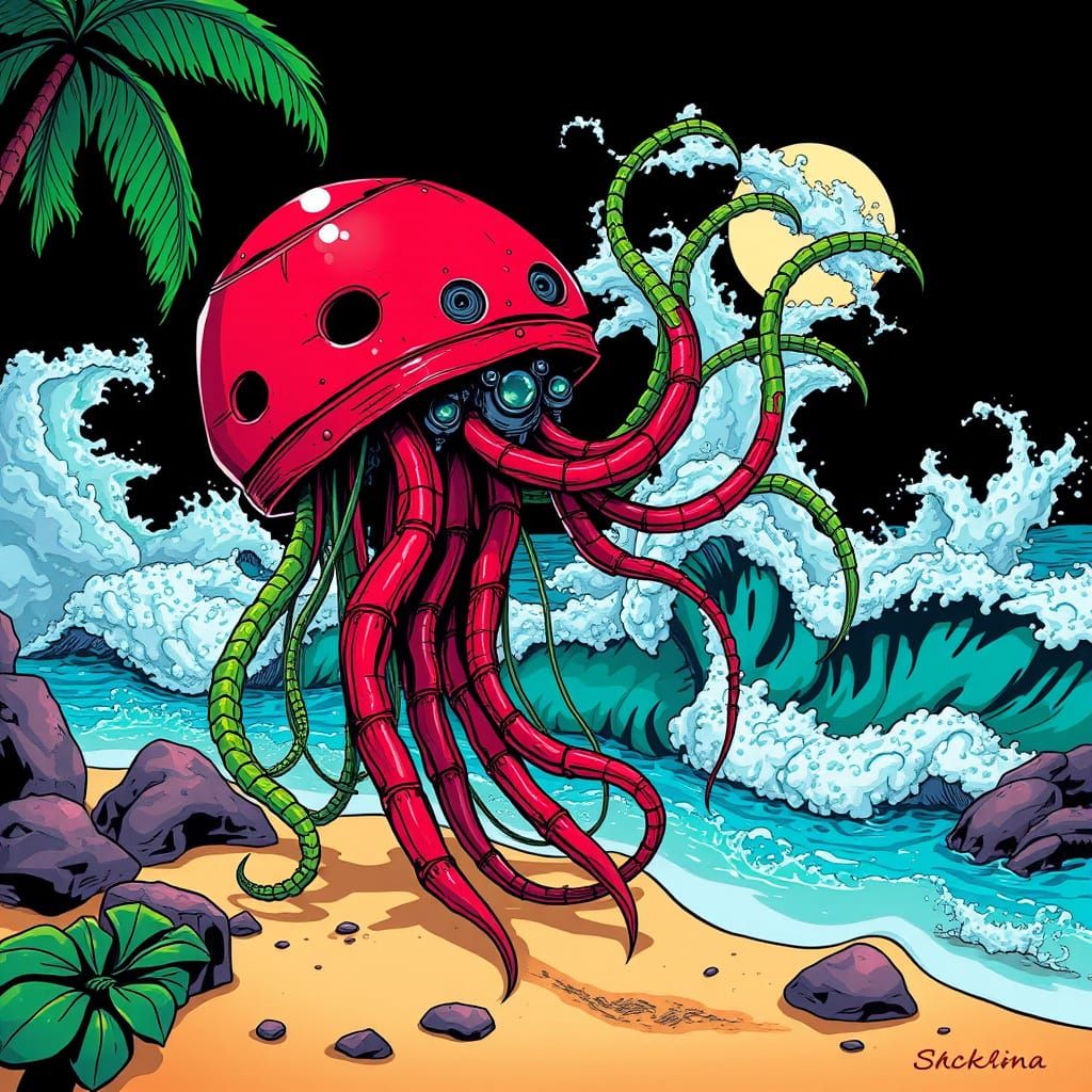 Red Robotic Jellyfish on Tropical Beach in Comic Book Style