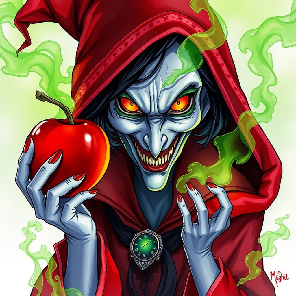 Evil Witch with Poisoned Apple in Ghibli Style