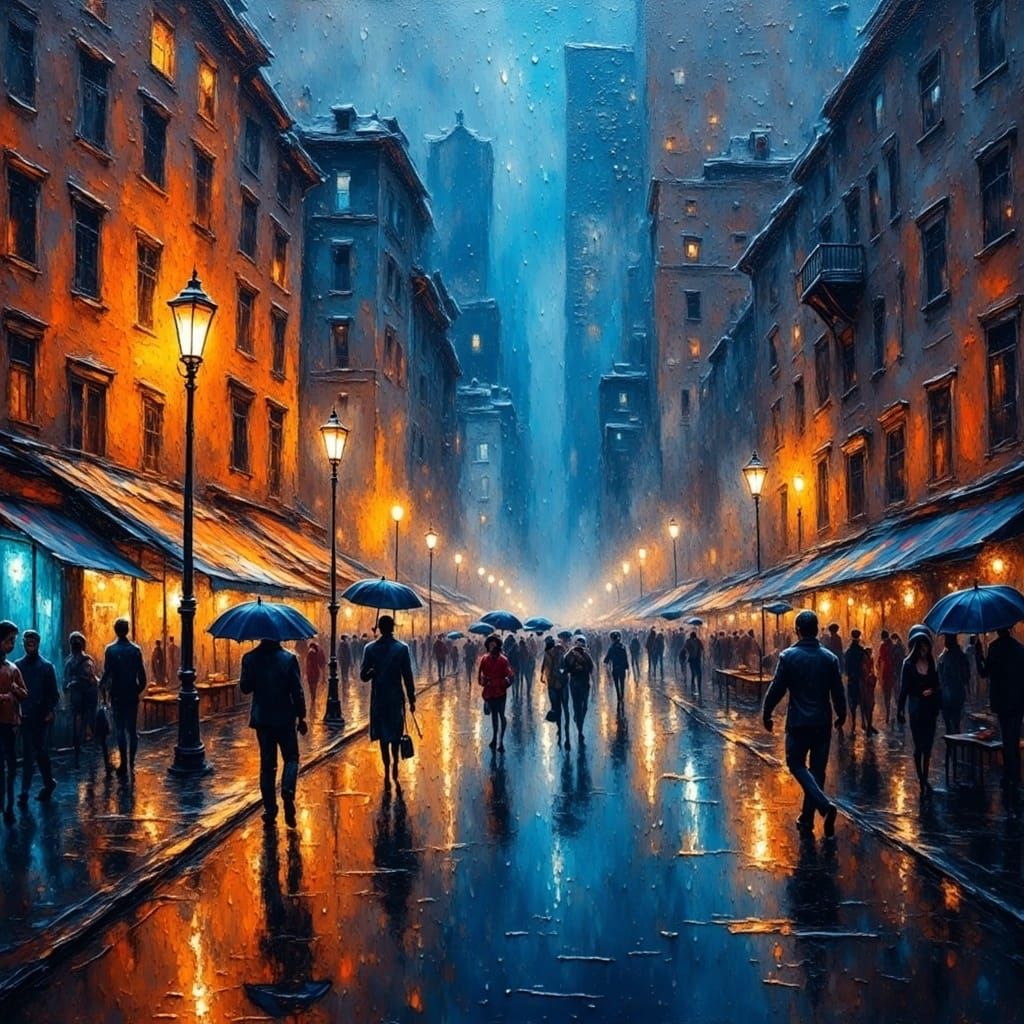 Vibrant City Night, Impasto Oil Painting