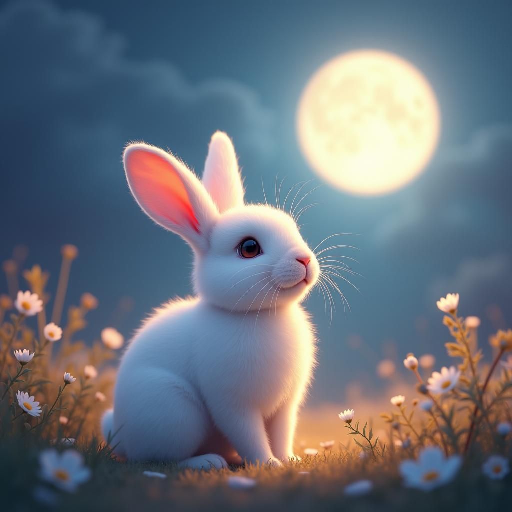 White Rabbit Gazing at Moon, Hyper-Realistic Art