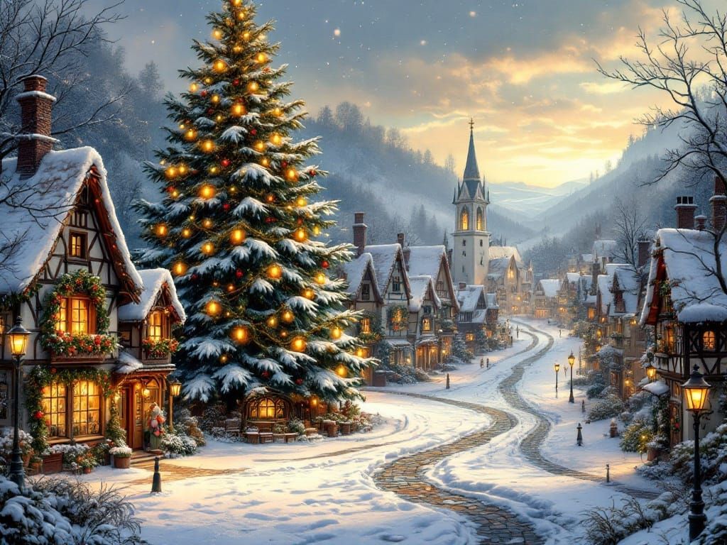 Whimsical Winter Wonderland with Lantern-Lit Tree and Charmi...