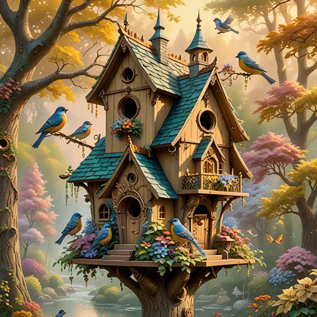 Whimsical Bird Family Home in Fantasy Art Style