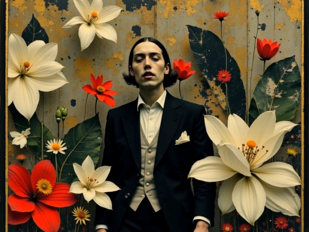 Man in Suit with Art Deco Floral Design