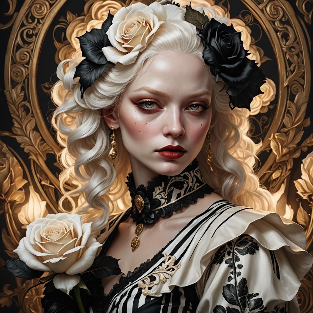 Albino Woman with Black Rose in Art Nouveau Style