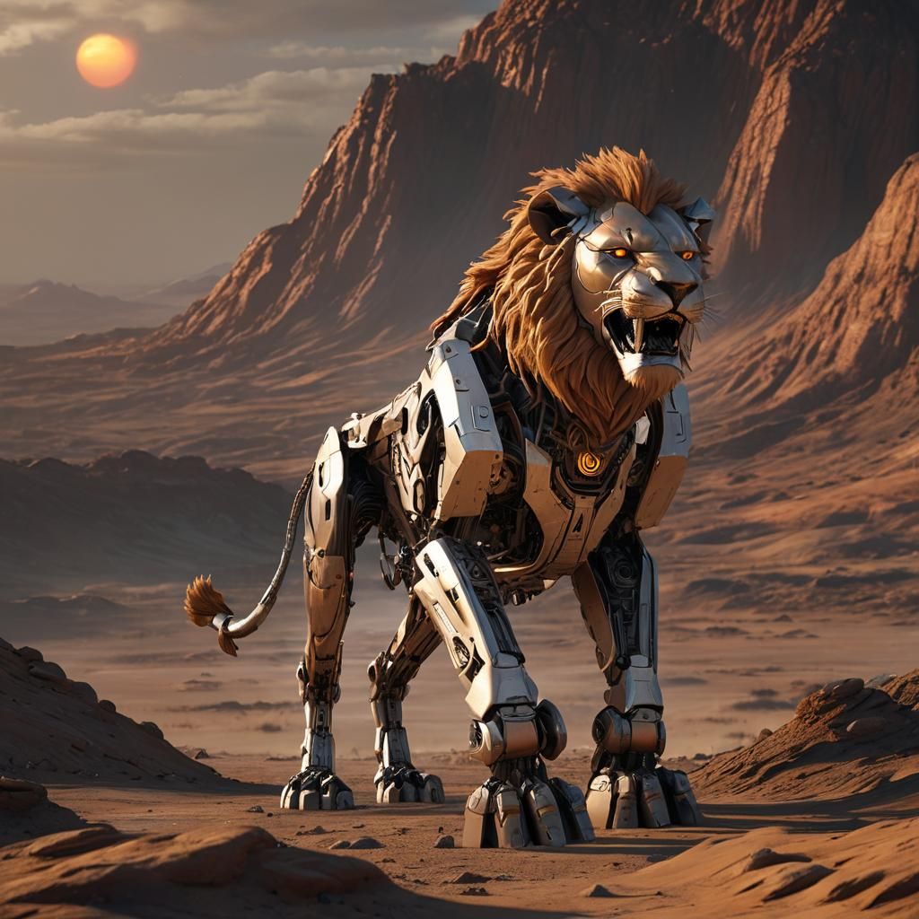 Robotic Lion on Alien Planet: Sci-Fi Concept Art
