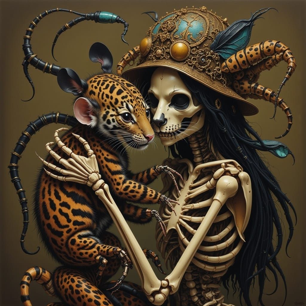 Indian Skeleton Woman Hugging Tiger Cub