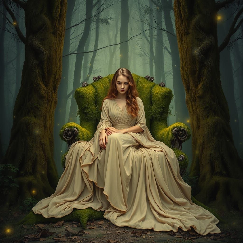 Woman on Throne in Ethereal Forest Clearing
