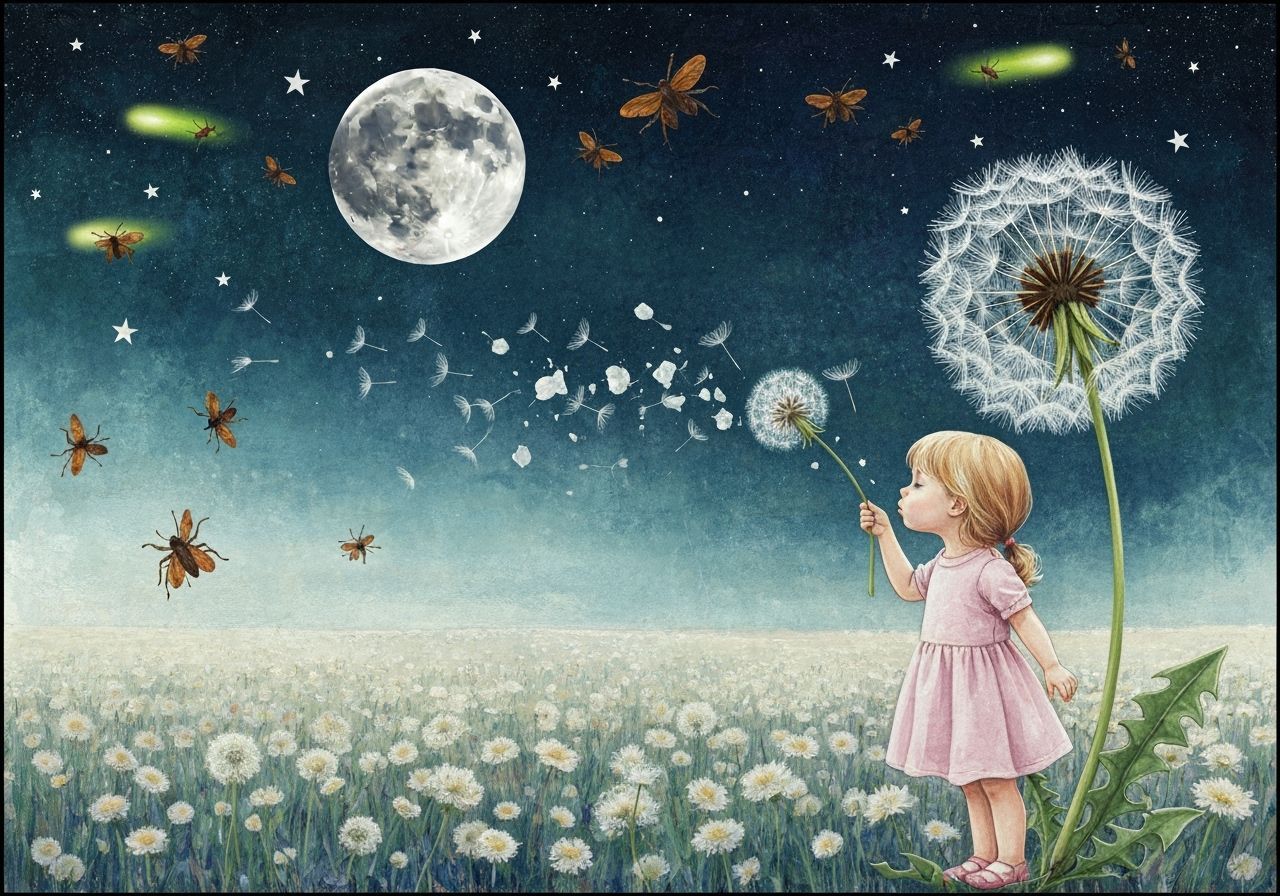 Girl with Dandelion in Dreamlike Watercolor Landscape