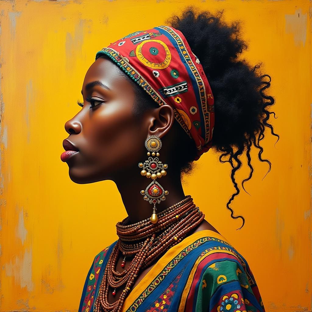 African Tribal Woman Portrait in Basquiat Style