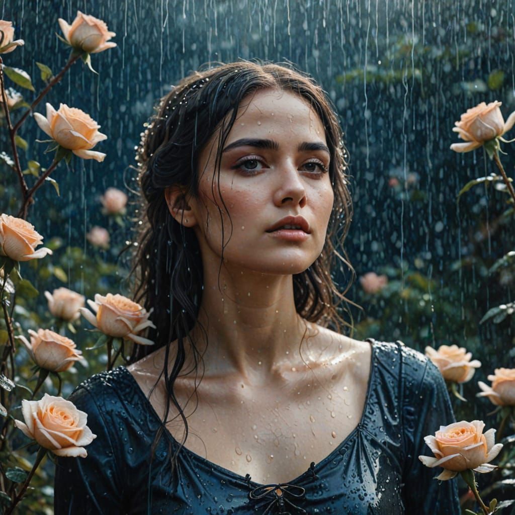 Woman Under Ink Rose Rain in Gothic Watercolor Style