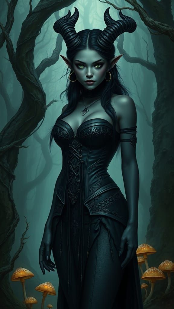 Mysterious Dark Fantasy Maiden in Enchanted Forest