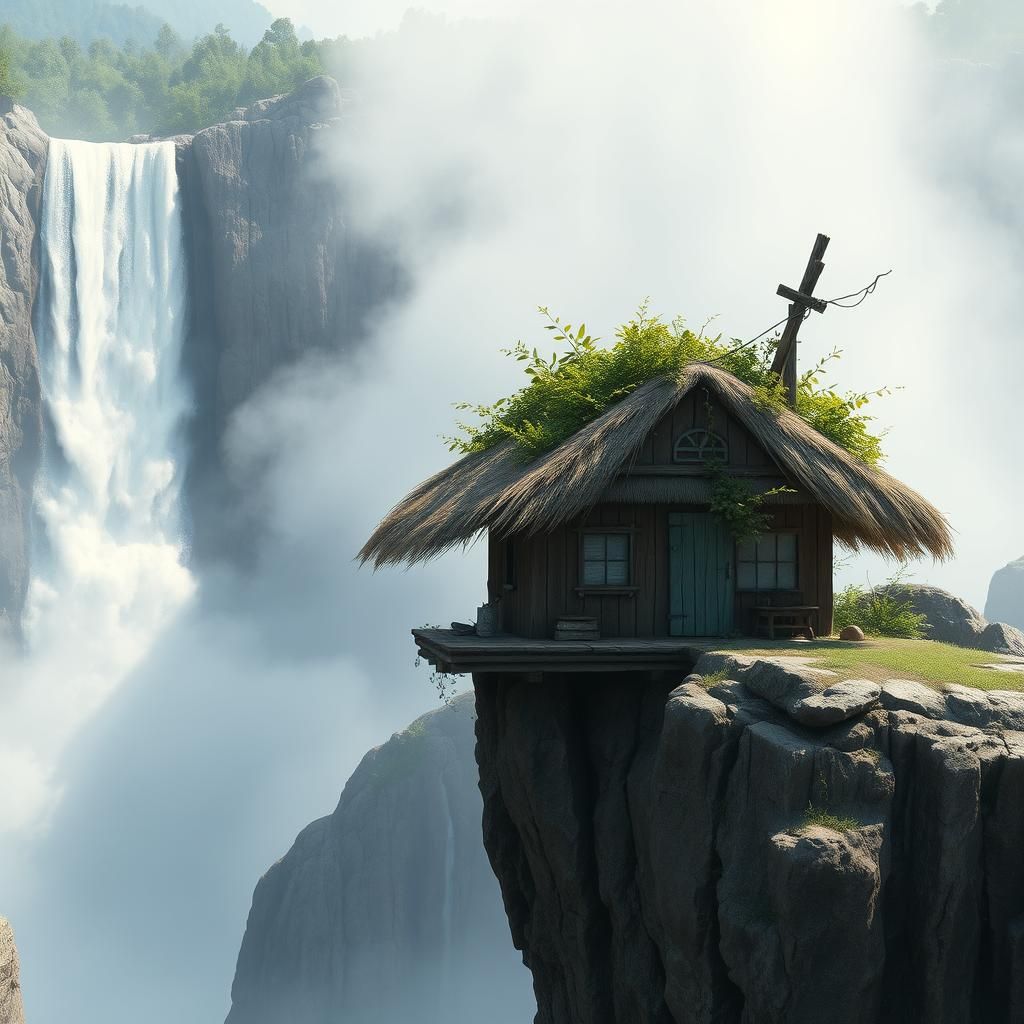 Weathered Cliffside Shack Overlooking Waterfall: Anime Style...