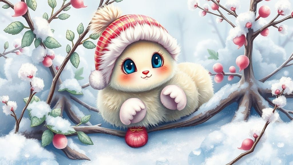 Adorable Fluffy Caterpillar in Winter Outfit, Watercolor & I...