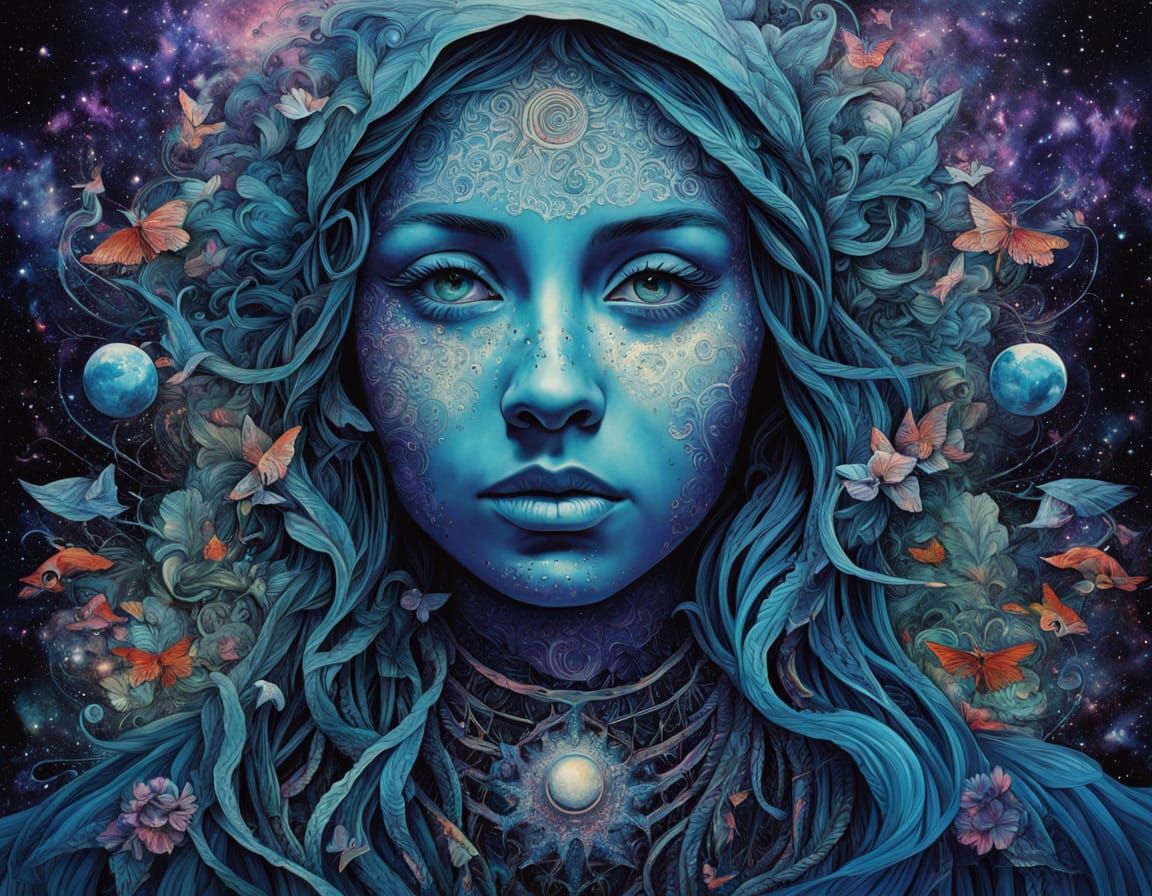 Cosmic Bio Art in Blue-Violet and Red-Green Spectra