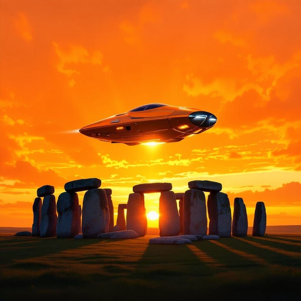 Sunrise Over Stonehenge With Hovering Spaceship
