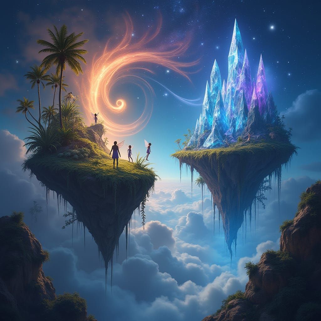 Two Islands Connected by Multicolored Portal: Fantasy Art