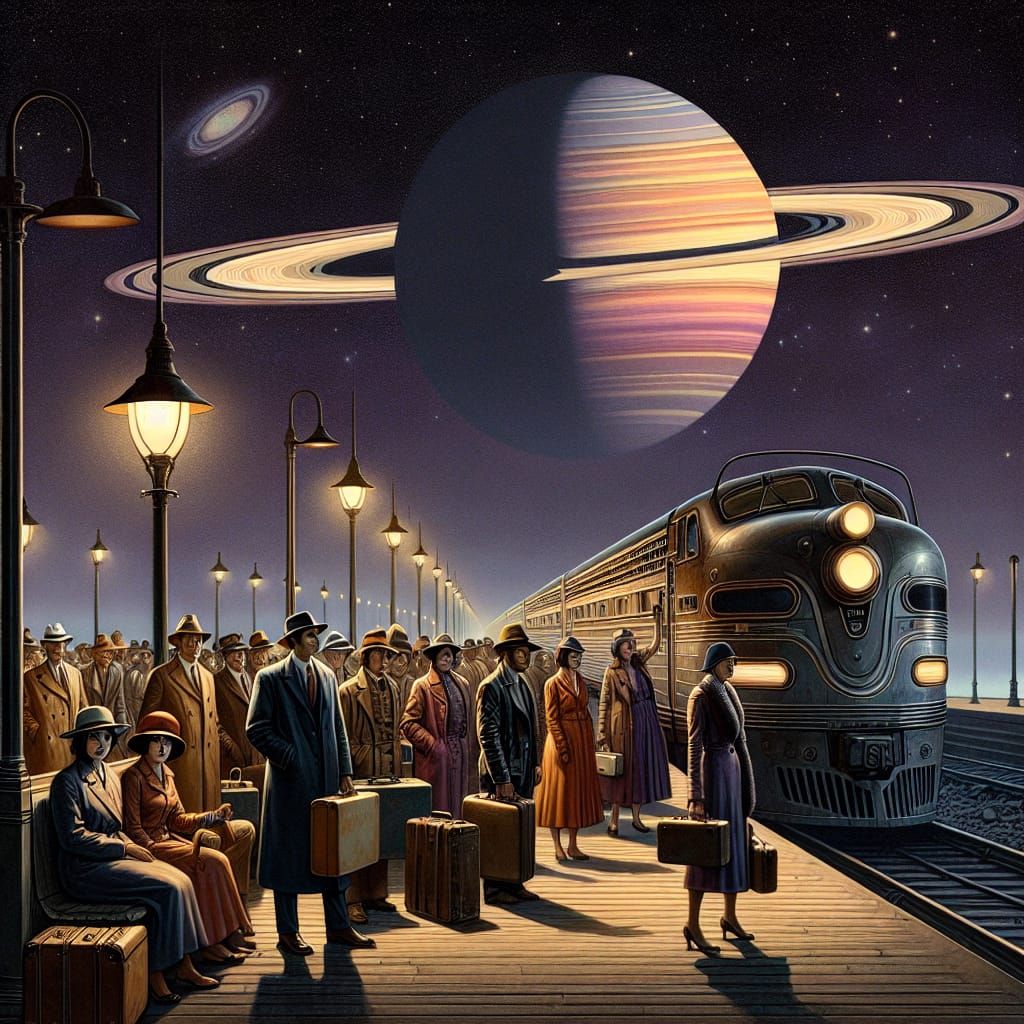 Surreal 60s Train Station Scene with Futuristic Train and Ce...