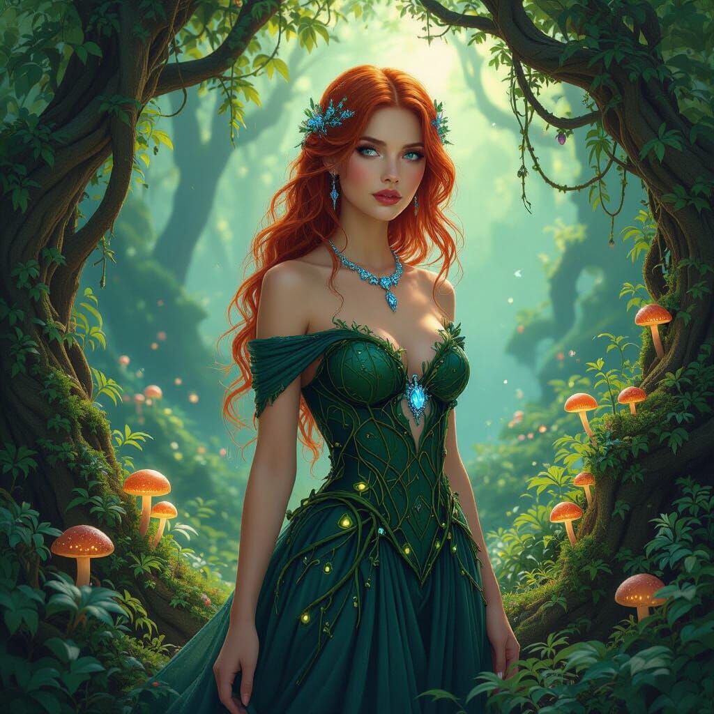 Bioluminescent Grove: Woman in Gown, Art Nouveau Style