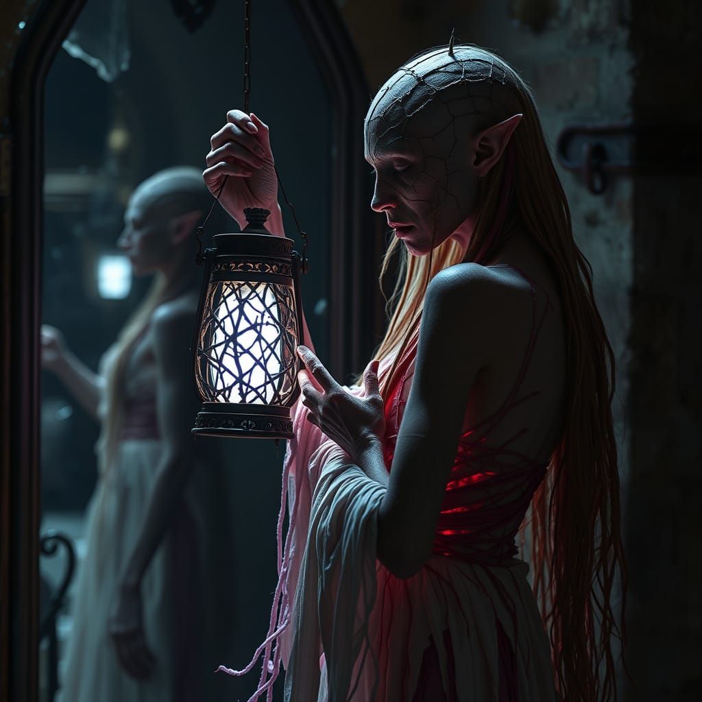 Elf Maiden Holds Vein Lantern in Ruined Chapel