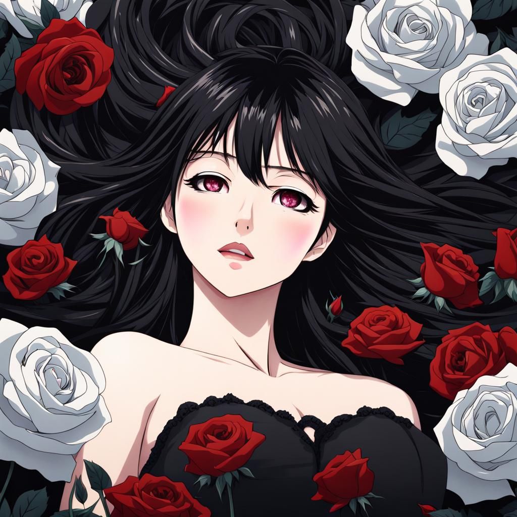 Woman Amongst Black Roses in Anime Style