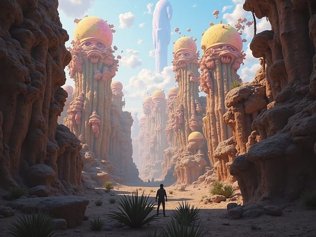 Surreal Desert Wanderer with Bioluminescent Cacti