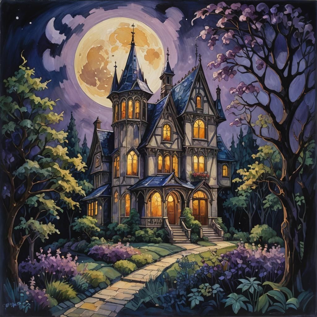 Gothic House Under Moon in Gouache Impressionism