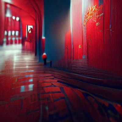 Eerie Red Hallway: Solitary Figure in Dark Fantasy Art