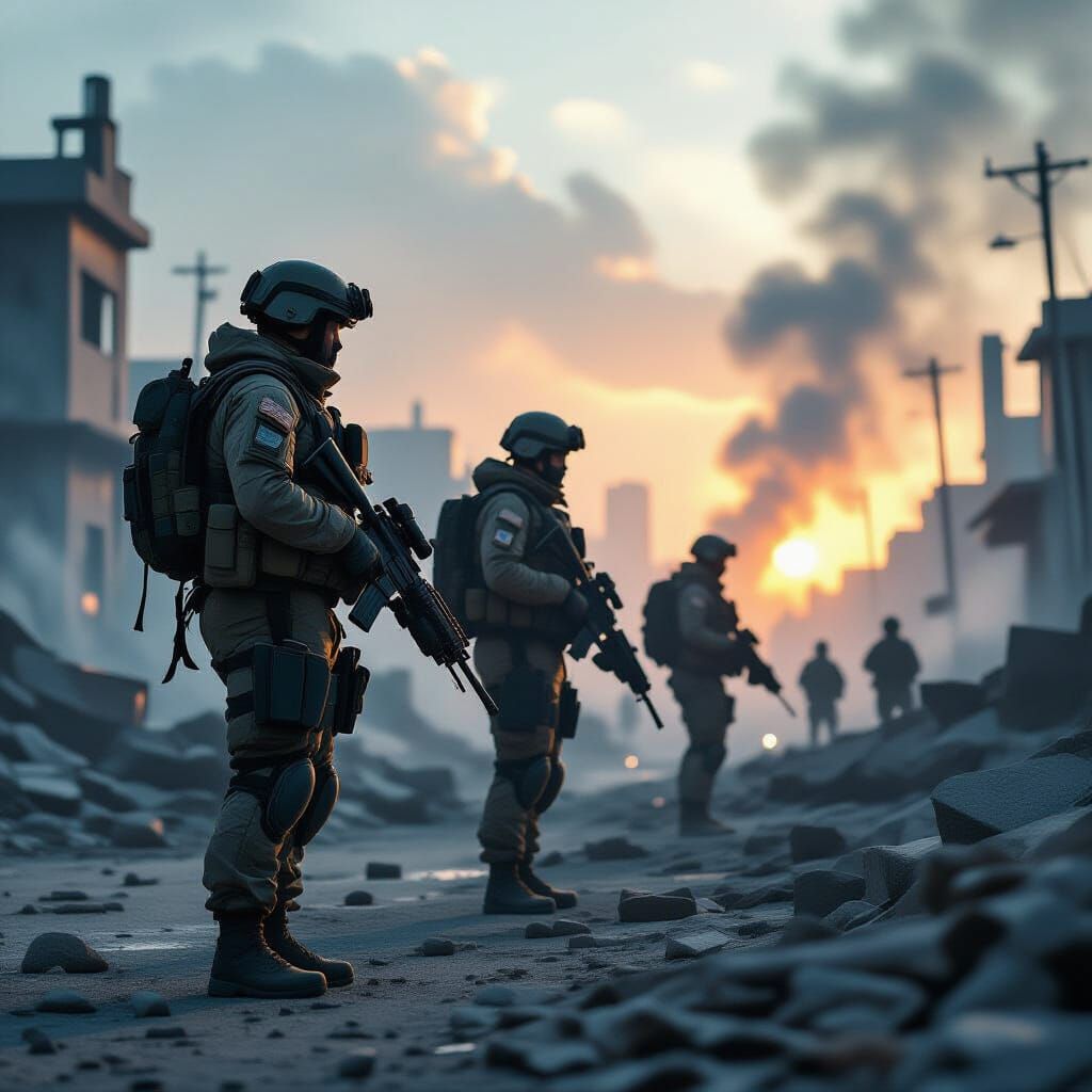 Heroic Military in War-Torn Cityscape